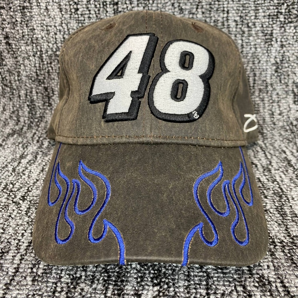 VTG NASCAR Jimmie Johnson 48 Hat Mens Brown Blue Flame Faux Suede Racing Cap